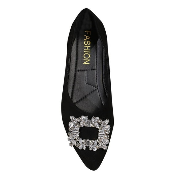 hopeusnice Women's Rhinestone Buckle Pointed Toe Flats Slip On Shoes Comfortable Low Heel Ballerinas Elegant Wedding Party Dress Shoes Black 42