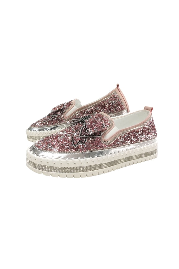 Women's Rhinestone Loafers Slip On Breathable Crystal Wedding Shoes Comfortable Flatform Sneakers Diamond Bowknot Party Shoes Pink 37
