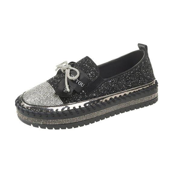 hopeusnice Women's Rhinestone Shoes Glitter Bowknot Slip On Flat Loafers Breathable Comfortable Sneakers Walking Shoes Flats Black 37