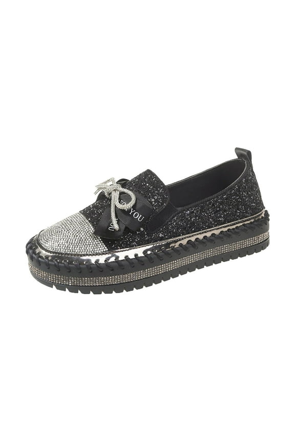 Women's Rhinestone Shoes Glitter Bowknot Slip On Flat Loafers Breathable Comfortable Sneakers Walking Shoes Flats Black 38