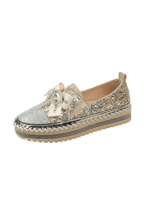 Women's Rhinestone Shoes Glitter Bowknot Slip On Flat Loafers Breathable Comfortable Sneakers Walking Shoes Flats Gold 42