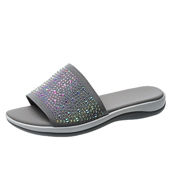 hopeusnice Women's Rhinestone Slides Summer Slip On Flat Sandals Beach Thong Slippers Open Toe Breathable Comfortable Footwear Gray 40