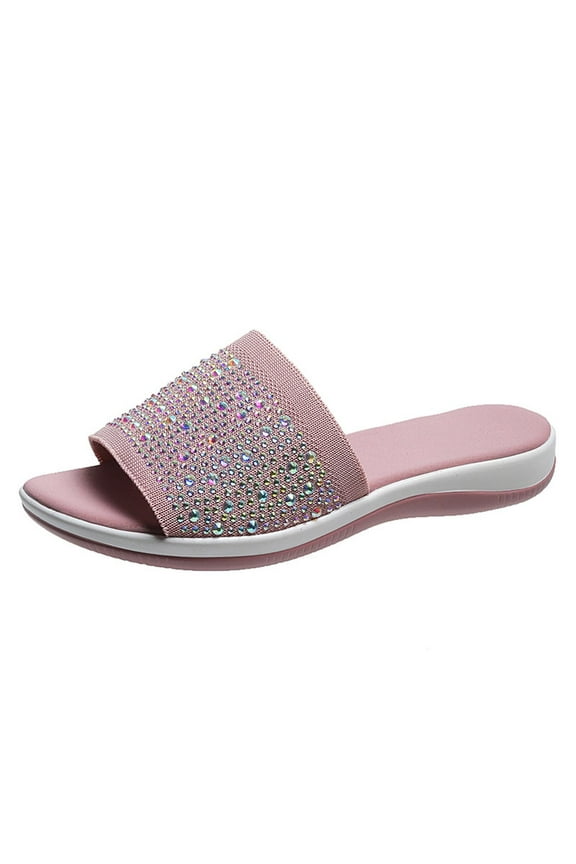 Women's Rhinestone Slides Summer Slip On Flat Sandals Beach Thong Slippers Open Toe Breathable Comfortable Footwear Pink 37