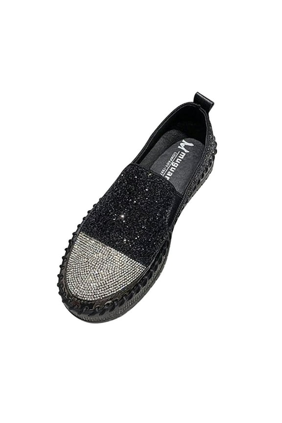 Women's Rhinestone Slip On Sneakers Diamond Glitter Loafers Comfortable Flat Shoes Breathable Lightweight Walking Shoes Black 37