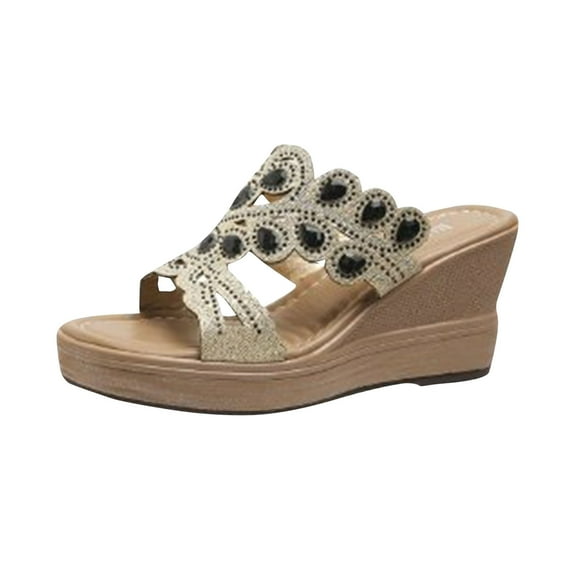 hopeusnice Women's Rhinestone Wedge Sandals Open Toe Summer Slip On Platform Beach Shoes Comfortable High Heel Wedge Sandals Blue 35