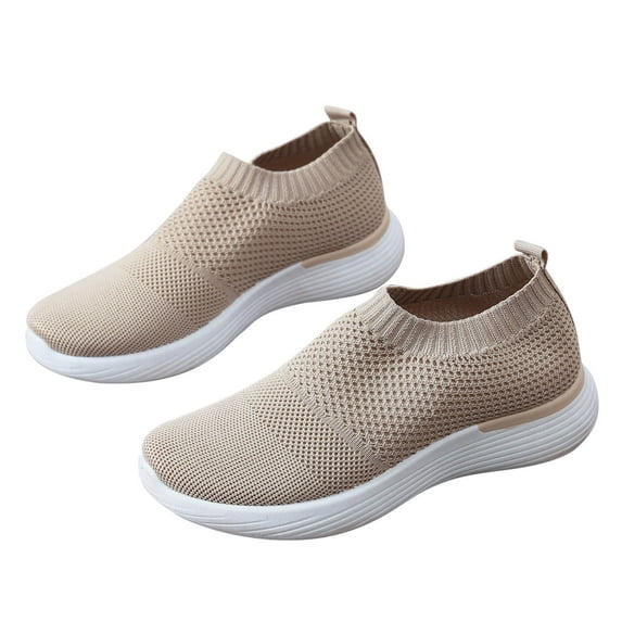 hopeusnice Women's Slip On Wedge Sneakers Breathable Knit Mesh Walking Shoes Comfortable Lightweight Sock Sneakers for Outdoor Daily Wear Khaki 37