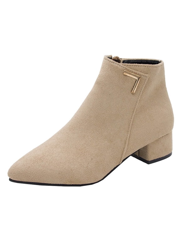 Women's Suede Ankle Boots Low Heel Pointed Toe Zipper Booties Comfortable Block Heel Dress Shoes Fall Winter Footwear Beige 38
