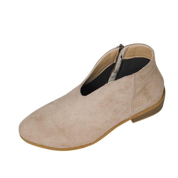 hopeusnice Women's Suede Ankle Boots Zipper Block Low Heel Slip On Booties V Cut Open Toe Comfortable Round Toe Short Boots Beige 38