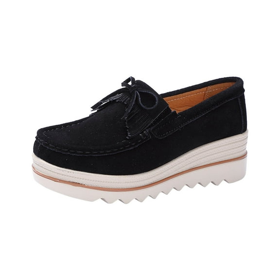 hopeusnice Women's Suede Loafers Slip On Wedge Platform Shoes Comfortable Breathable Bowknot Tassel Flatform Walking Shoes Black 38