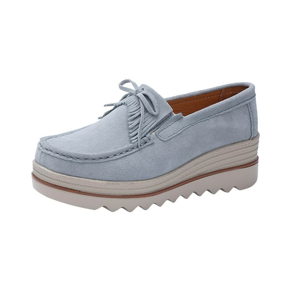 hopeusnice Women's Suede Loafers Slip On Wedge Platform Shoes Comfortable Breathable Bowknot Tassel Flatform Walking Shoes Gray 36