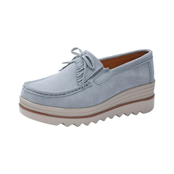 hopeusnice Women's Suede Loafers Slip On Wedge Platform Shoes Comfortable Breathable Bowknot Tassel Flatform Walking Shoes Gray 38