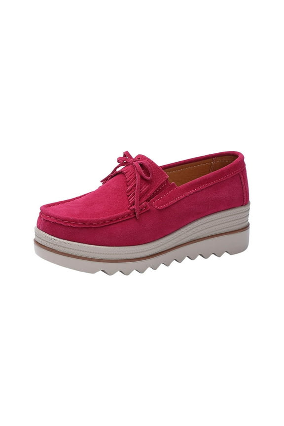 Women's Suede Loafers Slip On Wedge Shoes Comfortable Breathable Bowknot Tassel Flatform Walking Shoes Hot Pink 36