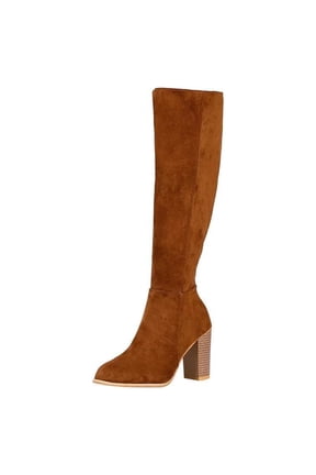 Women's Suede Over The Knee Boots Block Heel Side Zipper Chunky Heel Knee High Boots Fall Winter Warm Comfortable Boots Brown 40