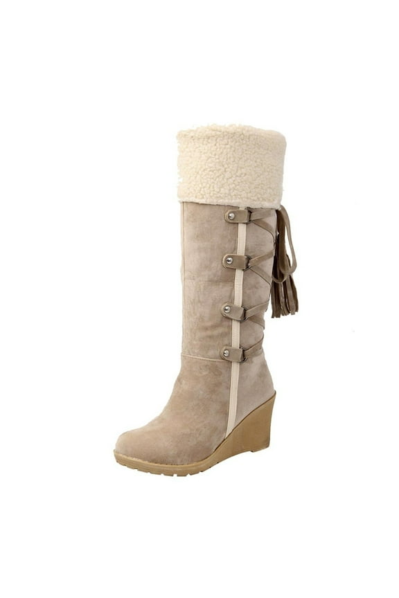 Women's Suede Wedge Boots Winter Warm Fuzzy Fleece Lined Knee High Boots Lace Up Buckle Tassel Boots Beige 40