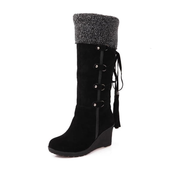 hopeusnice Women's Suede Wedge Boots Winter Warm Fuzzy Fleece Lined Knee High Boots Lace Up Buckle Tassel Boots Black 43