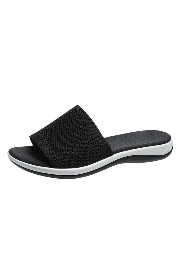 Women's Summer Sandals Breathable Mesh Slip On Slides Outdoor Flat Shoes Comfortable Beach Walking Shoes Lightweight Slip-On Sandals Black 37