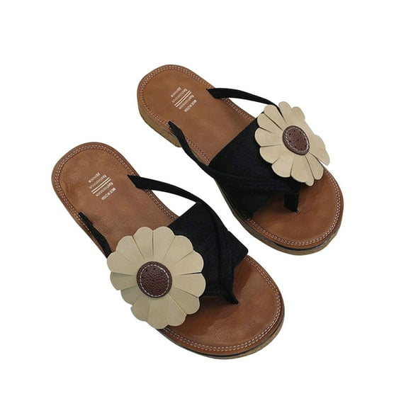 hopeusnice Clearance Women's Summer Sandals Flat Flip Flops Beach Slippers Flower Thong Sandals Comfortable Outdoor Shoes Black 38
