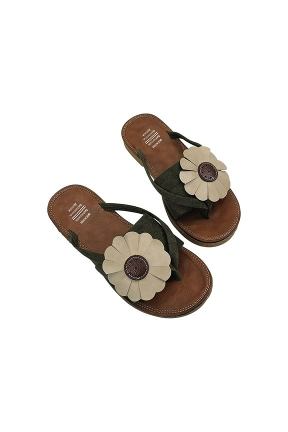 Women's Summer Sandals Flat Flip Flops Beach Slippers Flower Thong Sandals Comfortable Outdoor Shoes Green 39