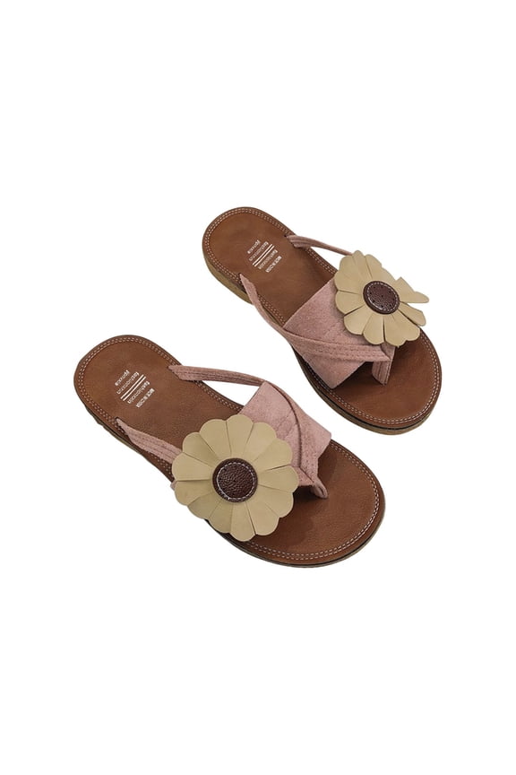 Women's Summer Sandals Flat Flip Flops Beach Slippers Flower Thong Sandals Comfortable Outdoor Shoes Pink 37