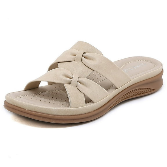 hopeusnice Women's Summer Sandals Open Toe Bowknot Buckle Slip On Platform Wedge Slides Comfortable Breathable Outdoor Walking Shoes Beige 37