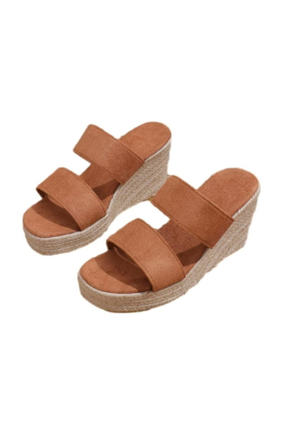 Women's Wedge Sandals Summer Open Toe Buckle Strap Espadrille Slides Shoes Wedge Heels Slip On Summer Beach Sandals Brown 38