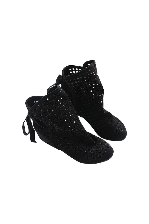Women's Wedges Ankle Booties Casual Hollow out Open Toe Suede Boots Lace Up Comfortable Breathable Shoes Black 38