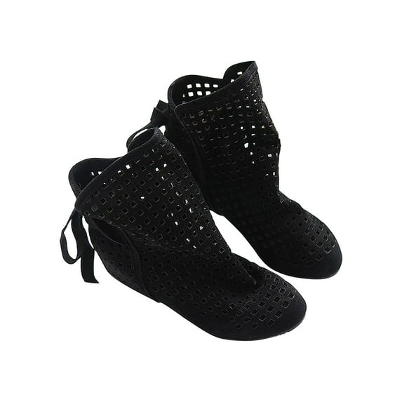hopeusnice Women's Wedges Ankle Booties Casual Hollow out Open Toe Suede Boots Lace Up Comfortable Breathable Shoes Black 40