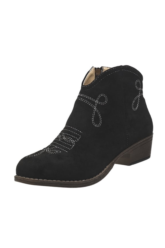 Women's Western Boots Ankle Boots Suede Low Heel Embroidered Cowboy Boots Comfortable Zipper Closure Shoes Black 41