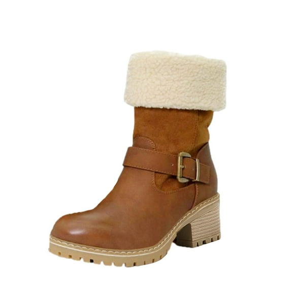 hopeusnice Women's Winter Boots Fuzzy Fleece Lined Buckle Ankle Booties Warm Plush Comfortable Platform Chunky Heel Shoes Brown 40
