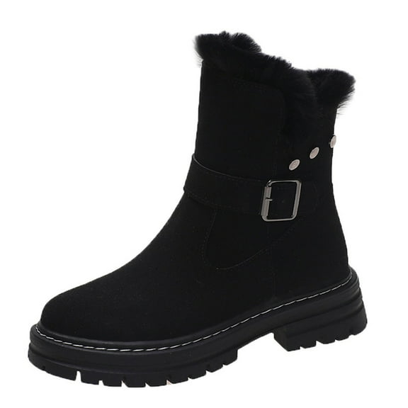 hopeusnice Women's Winter Boots Suede Buckle Ankle Booties Fuzzy Fleece Lined Warm Platform Shoes Snow Boots Black 35