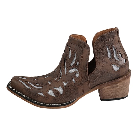 hopeusnice Cutout Glitter Western Ankle Boots Women Pointed Toe Block Heel Booties Brown 36