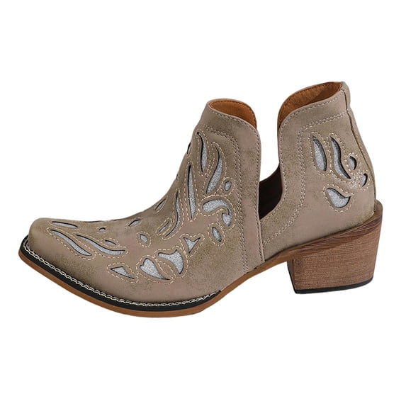 hopeusnice Cutout Glitter Western Ankle Boots Women Pointed Toe Block Heel Booties Gray 42
