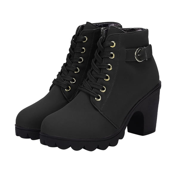hopeusnice Women's Ankle Boots Lace Up Buckle Chunky Heel Booties Comfortable Winter Warm Shoes Black 38