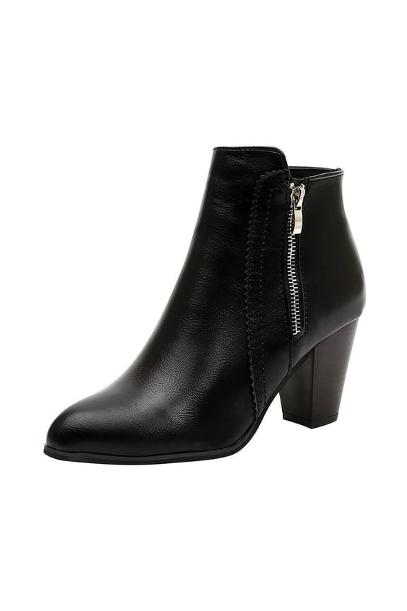 Women's Ankle Boots Pointed Toe Zipper Block Heel Booties Comfortable Fall Winter Shoes PU Leather Side Zipper Ankle Boots Black 35
