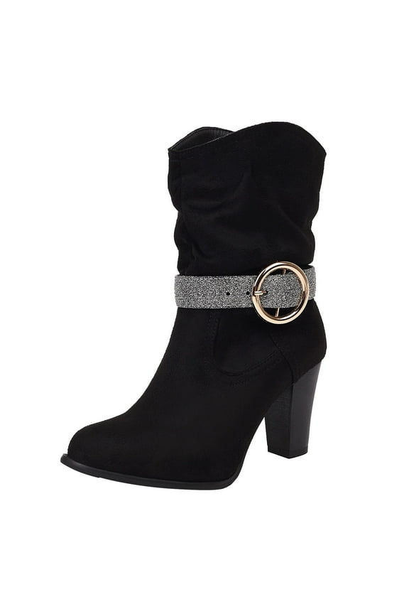 Women's Buckle Block Heel Boots Suede Glitter Round Toe Chunky Heel Mid Calf Boots Fall Winter Fashion Elegant Shoes Black 42