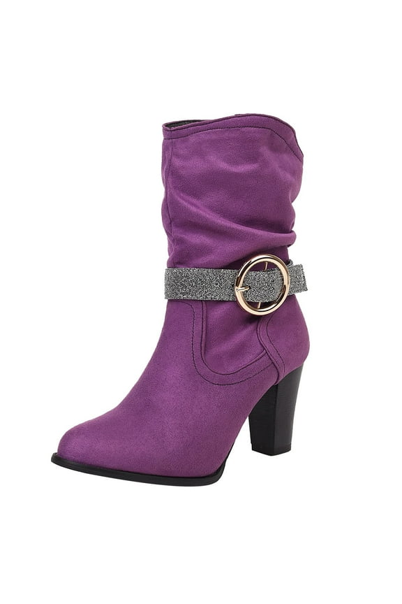 Women's Buckle Block Heel Boots Suede Glitter Round Toe Chunky Heel Mid Calf Boots Fall Winter Fashion Elegant Shoes Purple 43