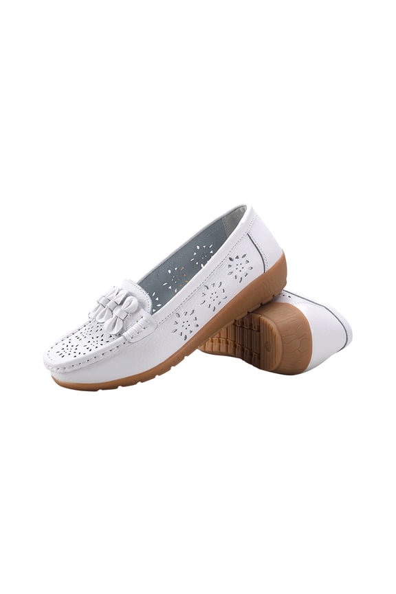 Women's Faux Leather Loafers Slip On Shoes Breathable Comfortable Flats Casual Perforated Flat Shoes Outdoor Walking Breathable Comfortable Shoes White 36