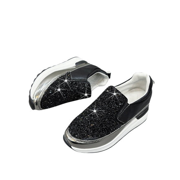hopeusnice Women's Glitter Slip On Sneakers Wedge Shoes Comfortable Breathable Walking Shoes Sparkling Crystal Shoes Black 36