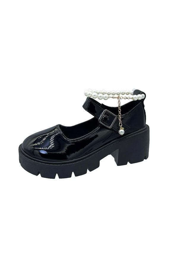 Women's Mary Jane Shoes Buckle Strap Pearl Decor Chunky Heel Shoes Comfortable Party Dress Shoes Black 37