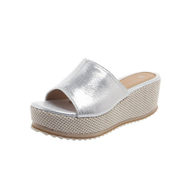 hopeusnice Women's Platform Wedge Slippers Summer Open Toe Slip On Shoes Comfortable Espadrille Wedge Heels Sandals Silver 43