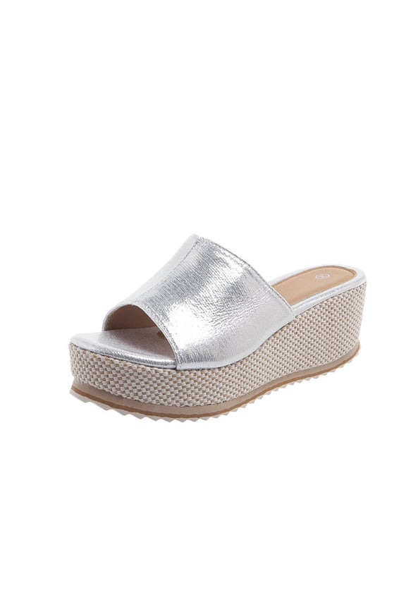 Women's Wedge Slippers Summer Open Toe Slip On Shoes Comfortable Espadrille Wedge Heels Sandals Silver 43