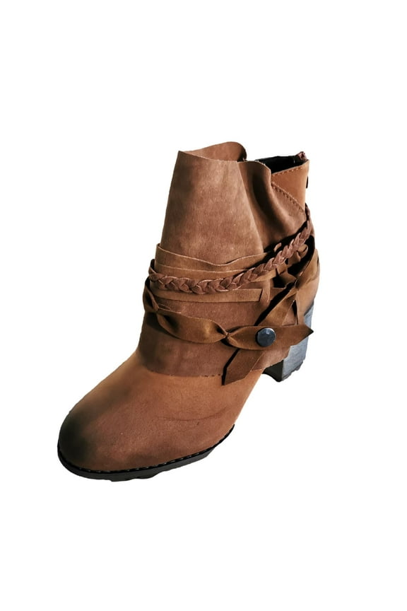 Women's Suede Ankle Boots Buckle Closure Block Heel Booties Comfortable Zipper Back Booties Fall Winter Warm Comfortable Shoes Brown 43