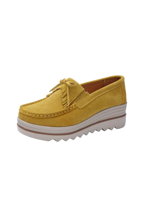 Women's Suede Loafers Slip On Wedge Shoes Comfortable Breathable Bowknot Tassel Flatform Walking Shoes Yellow 39