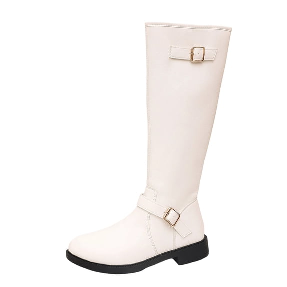 hopeusnice Double Buckle Low Heel Knee High Boot Round Toe Side Zipper Closure Riding Style Boot White 39