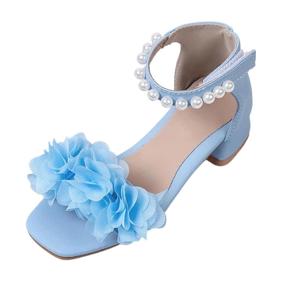 hopeusnice Girl's Bow Heel Flats Open Toe Elegant Design Supportive with Adjustable Strap Closure for Dressy Occasions and Performances Blue 27