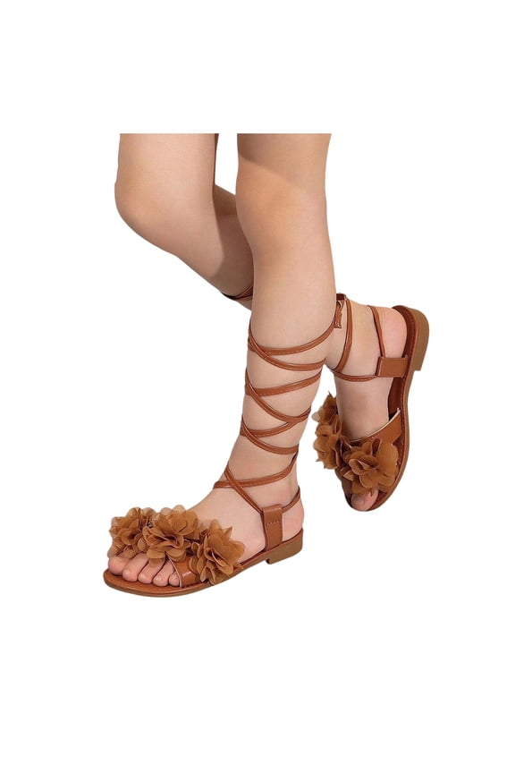 Girl's Braided Strappy Flats Open Toe Bohemian Design Non Sole with Tie Closure for Beach Vacations and Festival Wear Brown 36