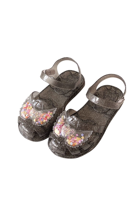 Girl's Clear Jelly Flats Open Toe Waterproof Flexible with On Closure for Poolside and Water Play Black 24