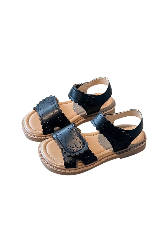 Girl's Double Hook and Loop Flats Open Toe Non Lightweight with Adjustable Strap Closure for Outdoor Play and Summer Walks Black 9 Months