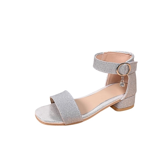 hopeusnice Girl's Minimalist Strap Flats Open Toe Flexible Sole Comfortable with Buckle Closure for Daily Play and Park Visits Silver 33
