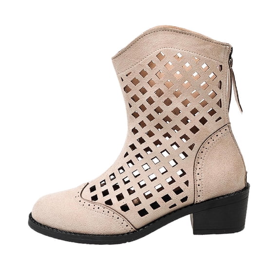 hopeusnice Grid Perforated Square Heel Ankle Boots Women Back Zipper Suede Upper Summer Booties Beige 36